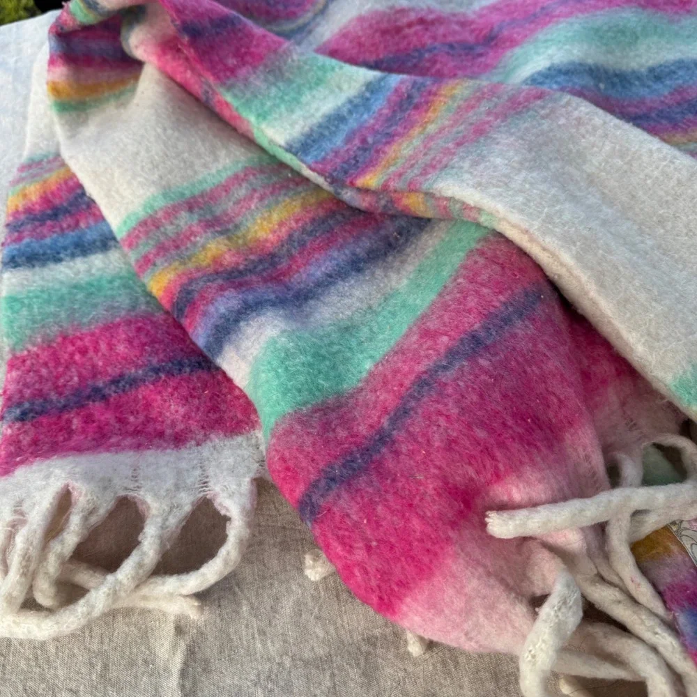Free People Oversized Scarf Rainbow Stripe Pink Blue Boho Fringe Blanket Wrap